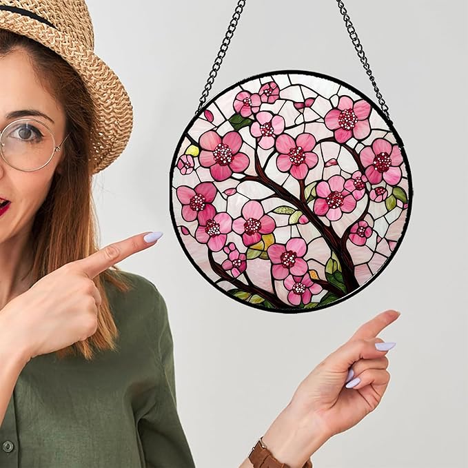 Stained Glass Window Hanging - Cherry Blossoms Birth Flower Suncatcher for Door Garden Patio Sun Catchers Decor Christmas Mother's Day Birthday Gifts for Women Mom Nana Friend Wife 9.8 in