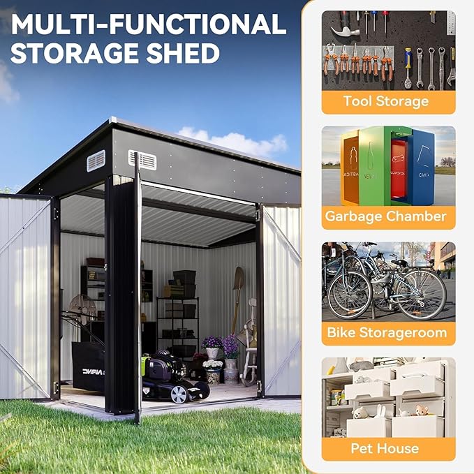 Aoxun 9.5'x7.5' Triple Door Shed Outdoor Storage Shed with Three Lockable Door for Easily Accessing Metal Storage Cabinet with Slopping Roof for Tools Bicycles Storage for Garden, Backyards (Black)