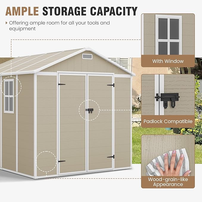 Outdoor Storage Shed, 8x8 FT Resin Shed with Floor and Lockable Door, Window & Vents, Tool Sheds & Outdoor Storage for Bike, Garden Accessories, Tools, Waterproof (Light Brown)