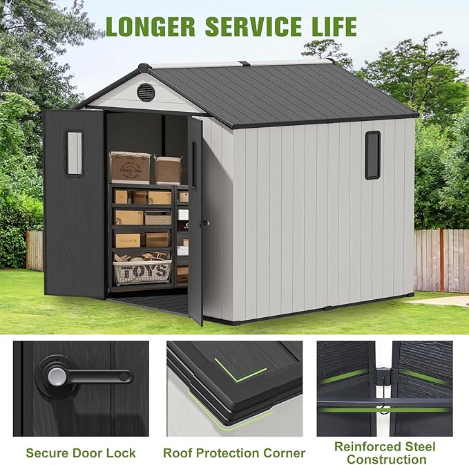 COOS BAY Resin Outdoor Storage Shed with Lockable Double Doors, Heavy-Duty Floor, All-Weather Garden Shed for Tools & Equipment, 8x8 ft, White/Gray