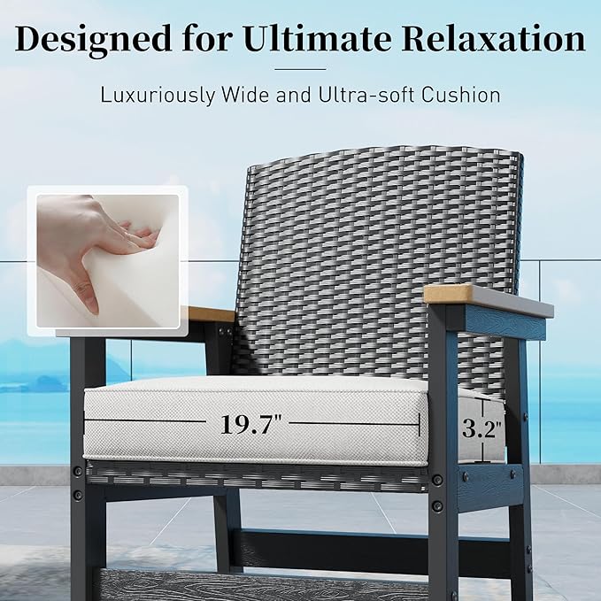 7 Piece HDPE Outdoor Dining Set for 6, 64” All Weather Wood-grain Dining Table, 6 Wicker Rattan Chairs with 3.2” Waterproof Cushion, Patio Table and Chairs Set for Backyard and Deck, Black