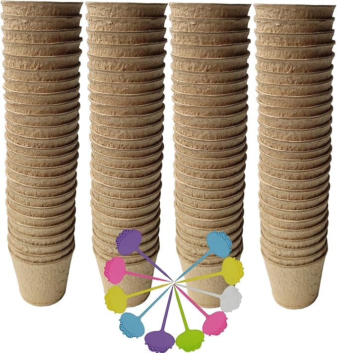 Biodegradable Peat Pots for seedlings, 100 Pack Plant Seed Starter Pots Kit, 2.36inch Succulent Planter Nursery Pots with 10 Plant Markers, Garden Germination Kits