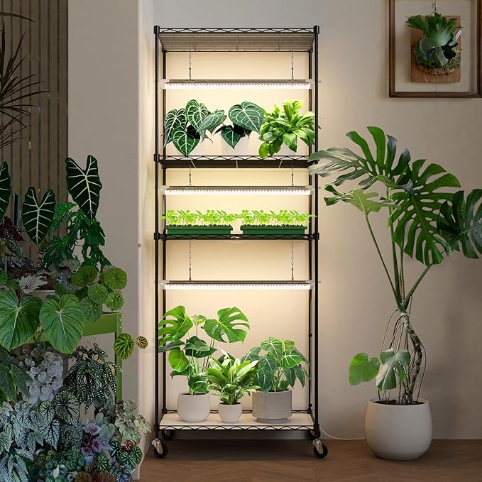 Plant Shelf with Grow Light with Timer, Plant Stand with Adjustable Rack and Wheels, 3 Pack 72W T8 2FT Full Spectrum Grow Lights for Indoor Plants, Seed Starting, Seed Tray, 23.5"x13.8"x59"