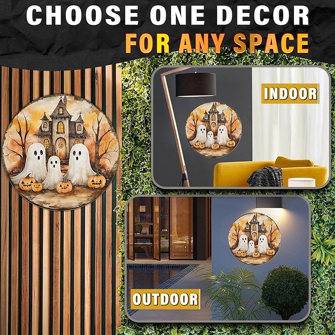 PEACHGARDEN Round Cute Ghost Halloween Vintage Sign Halloween Pumpkin Metal Tin Sign for Home Bar Kitchen Hotel Dining Room Coffee 12x12inch