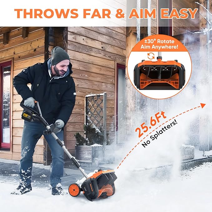Cordless Snow Shovel, 3500W Battery Snow Blower with Dual 6.0Ah Anti-Freeze Batteries & Base Plate, 25.6Ft Throw, 13Inx7In Brushless Snow Shovel with Wheels for Driveway Sidewalk Snow Removal