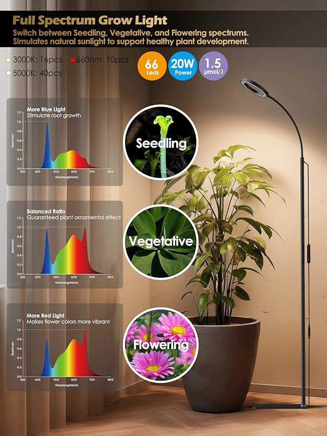 GLOWRIUM Smart Grow Lights for Indoor Plants with Auto Timer, Full Spectrum LED Floor Plant Light for 3 Spectrum Modes,6 Dimmable Levels,63inch Adjustable Height for Large Plants (Black, 20W)