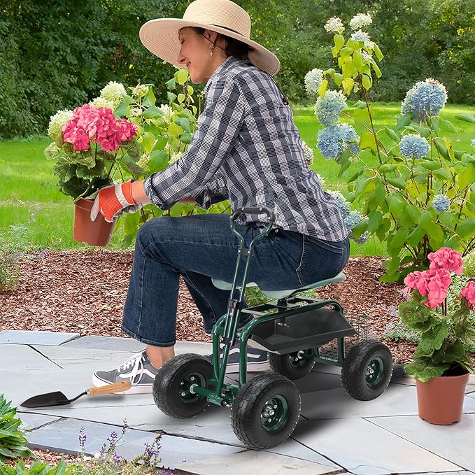 PLKO Garden Cart on Wheels,Rolling Garden Cart with Seat,Heavy Duty Gardening Stool with Basket,Adjustable Steering Handle, 360 Degree Swivel Seat for Yard,Patio,and Outdoor