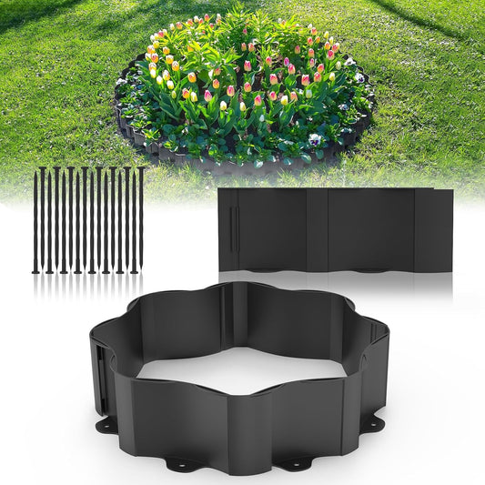 Mars Villa Landscape Edging Border 10FT, Interlocking Landscape Edging 5.9in Flowerbed Border Edging Plastic Flexible Flower Bed Lawn Edging for Outdoor Pathway, with Stakes（Black, 8PCS）