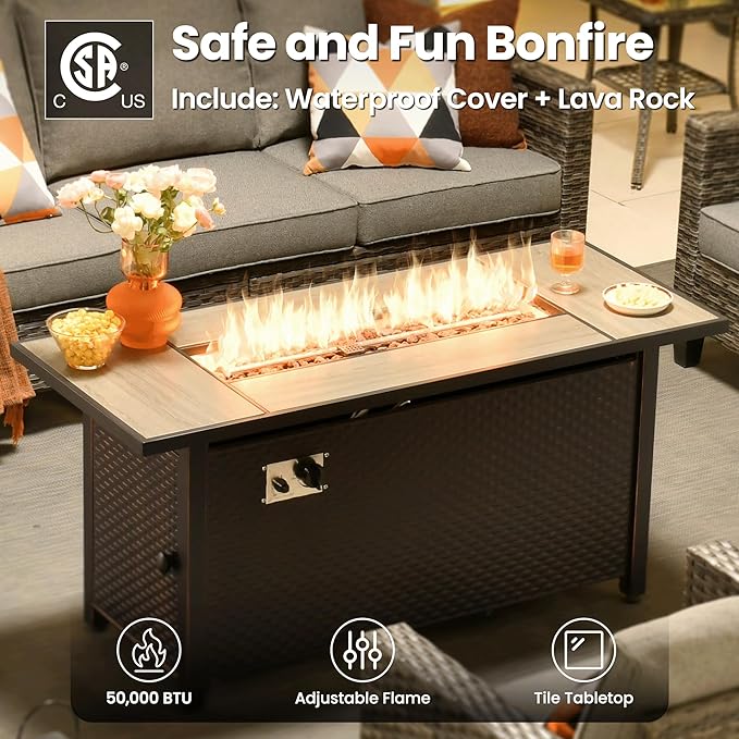 ovios 9 Pieces Patio Furniture Set with 54" Fire Pit Table, Outdoor Sofa Couch with Solar Lights Table Comfy Cushions, Modern Deep Seat Wicker Rattan Conversation Set, Dark Grey