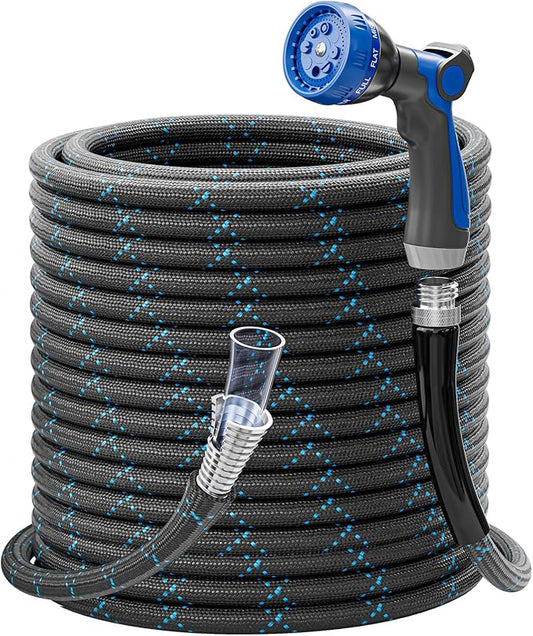 Garden Hose 25ft, 3-Layer Flexible Water Hose with 8 Pattern Spray Nozzle, Non-Expanding & Lightweight Stainless Steel Hose for Yard, Lawn, Outdoor-Leak Proof, No-kink & Tangle-free
