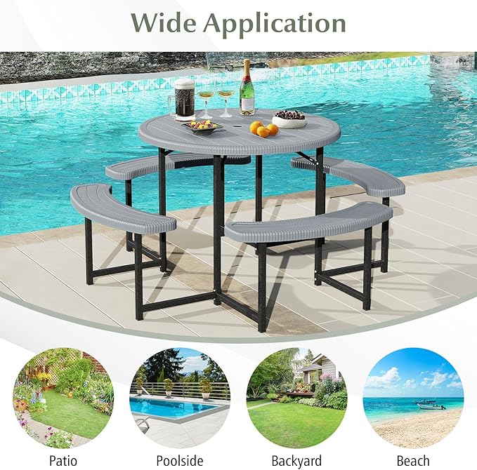 Giantex Picnic Table Bench Set for 4-8 Person, Round 37” Outdoor Dining Table w/Umbrella Hole, HDPE Tabletop, Metal Frame, Patio Furniture Set for Backyard Porch Lawn, 1400lb Capacity (Gray,Round)