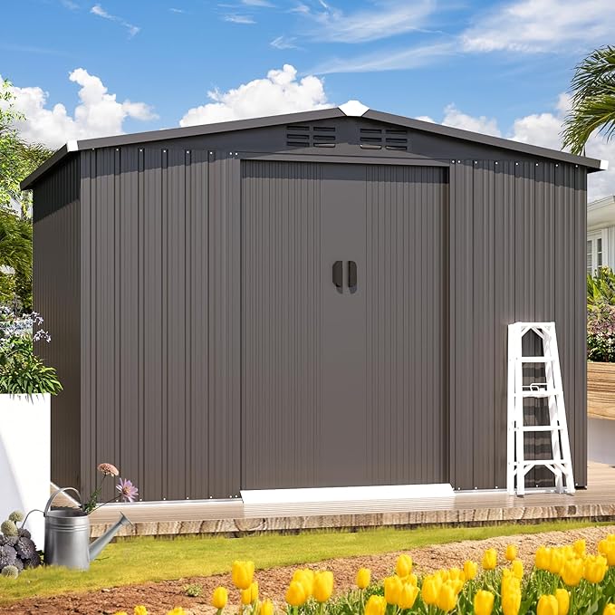 AECOJOY Shed 6' x 8' Outdoor Storage Shed with Sliding Door, Outdoor Storage Tool Shed Storage Cabinet, Metal Garden Shed for Yard, Outdoor Storage Clearance in Dark Grey