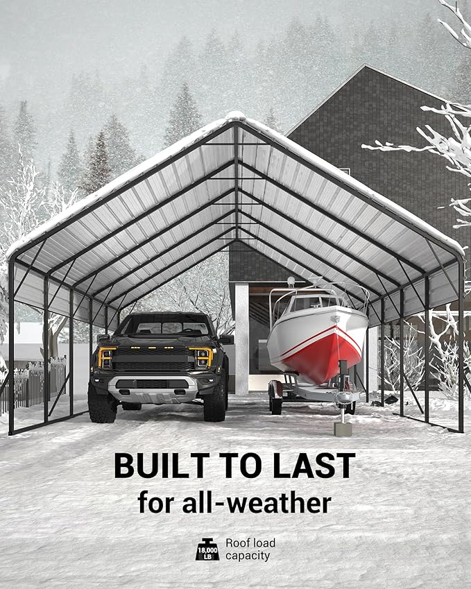 20'x25'x13' Metal Carport for 2 Cars, Extra Tall Car Port, Reinforced Frame and Roof for All-Weather, for Bass Boats, Full-Sized Pickup Trucks, and Tractors, N.W. 980 Lbs