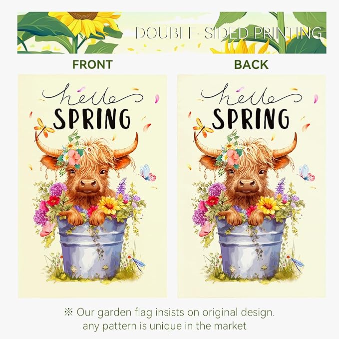 Hello Spring Garden Flag Highland Cow Polyester Yard Flag Double Sided Vertical 12x18 Inch Farmhouse Butterfly Floral Garden Flags Rustic Daisy House Banner for Seasonal Outdoor Decoration