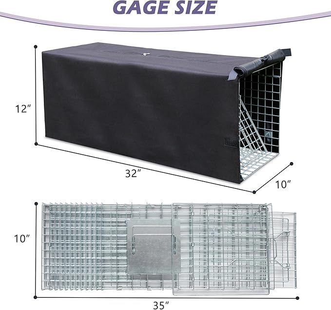 Live Feral Cat Trap Cage with Cover, Heavy Duty Folding Animal Traps Cage for Stray Cats, Humane Cat Trap for Raccoon, Squirrel, Skunk, Catch and Release - (32 x 10 x 12 inches)