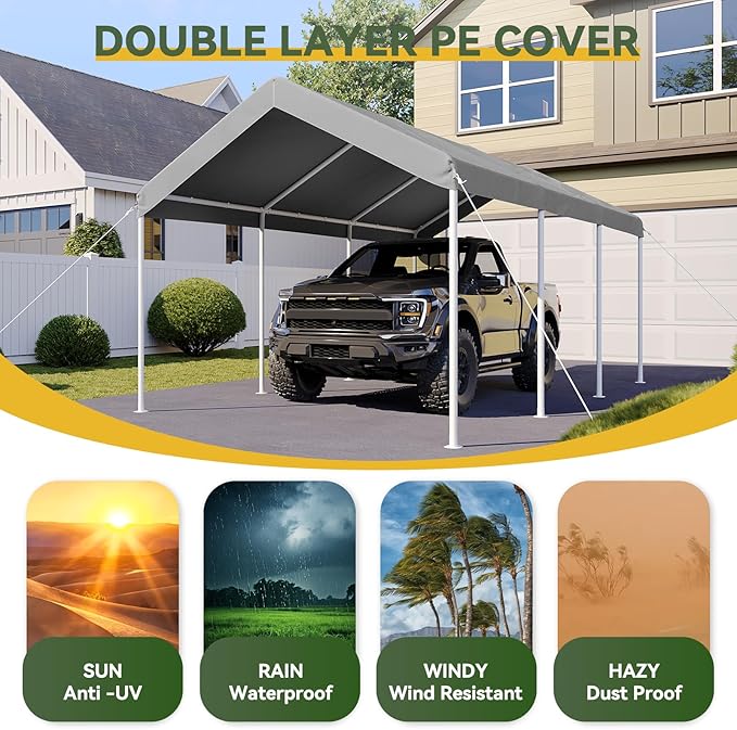 Aoxun 10x20 ft Heavy Duty Carport with Tarp & Wind Resistance Portable Carport Car Tent Outdoor Car Port with Tear Resistant Canopy, No Sidewall - Gray