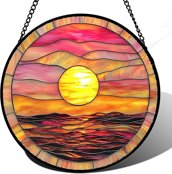 Stained Glass Window Hanging, Sunrise Sea Surface Sun Catchers Diamond Glass Panel Hangings Abstract Suncatcher Decor for Birthday for Women, Men, Wife, Aunt, and Mom 14.9 in