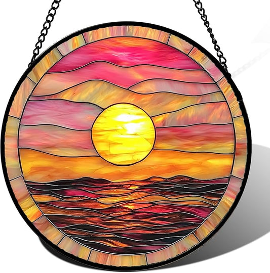 Stained Glass Window Hanging, Sunrise Sea Surface Sun Catchers Diamond Glass Panel Hangings Abstract Suncatcher Decor for Birthday for Women, Men, Wife, Aunt, and Mom 14.9 in
