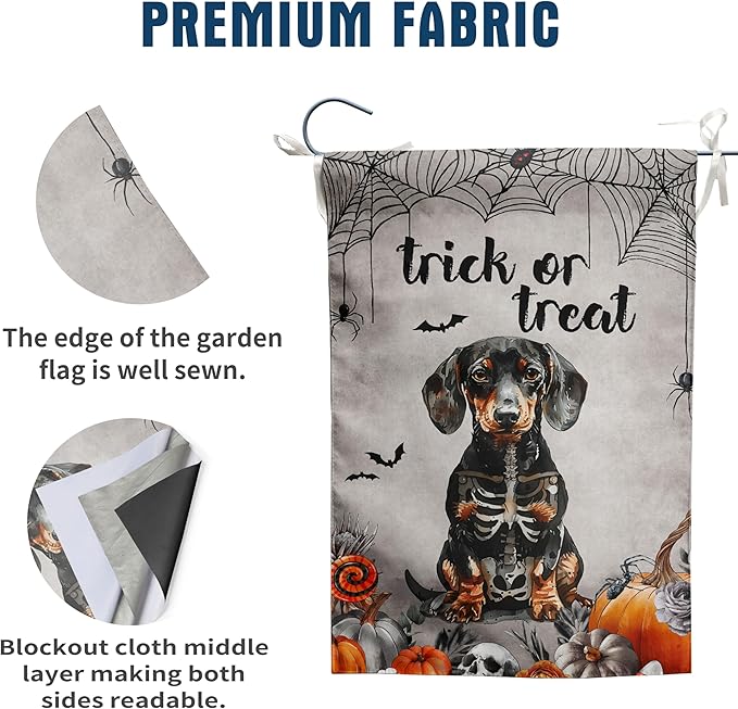 Halloween Dachshund Garden Flag Trick or Treat Yard Sign Ghost Wiener Dog Skeleton Banner for Outside 12x18 Double Sided Outdoor Lawn Decor Small