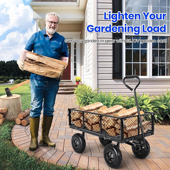 TEANDE Garden Cart, Heavy Duty 880Lbs Capacity Mesh Steel Garden Cart with Removable Sides to Convert into Flatbed, Utility Metal Wagon with 180° Rotating Handle and 10 in Tires, Black