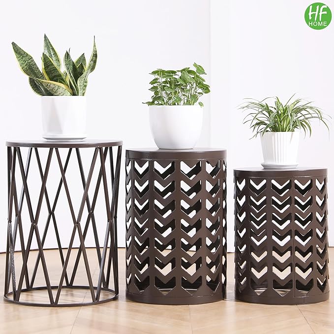HFHOME Set of 3 Metal Side End Tables Nightstand, Nesting Round Coffee Table for Indoor Outdoor, Heavy Duty Metal Plant Stand for Living Room Garden Stool - Pure Brown (Ship from US)