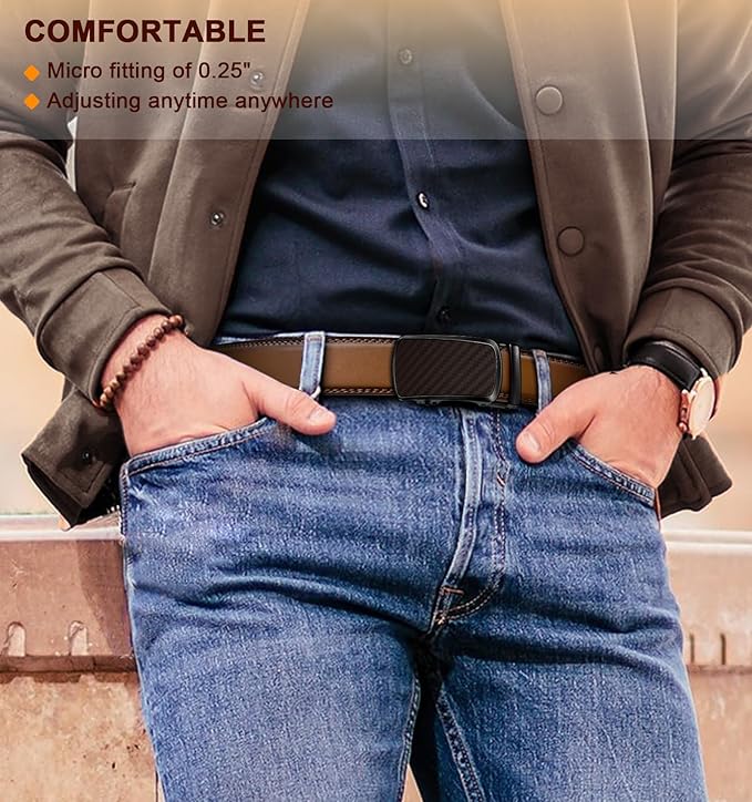 BULLIANT Men's Ratchet Belt 2 Pack-Click Leather Belt Adjustable for Men Gift 1 3/8-Cut for Perfect Fit