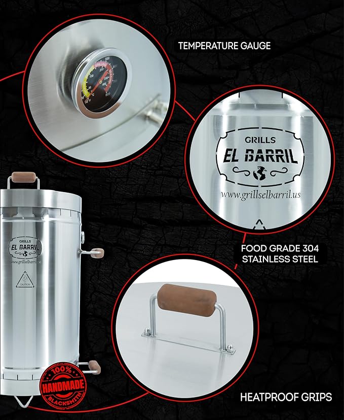 EL BARRIL 45lbs Smoker Grill Combo, Stainless Steel Vertical Barrel Charcoal Grill, Outdoor Smoker with Even Heat Distribution