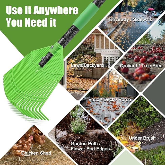 Heavy Duty Leaf Rake for Lawns - 16.5'' Large Plastic Yard Garden Rake for Leaves with Reinforced Tines,65'' Adjustable Steel Long Handle Tool for Adults Kids Gardening,Landscaping,Grass,Turf