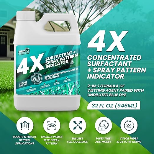 32oz 4X Spray Pattern Indicator Dye + Surfactant, Makes 32 Gallons of Wetting Agent for Lawn & Turf Mark - Effective Spray Indicator, Liquid Blue Dye for Marking Turf, Easy to Mix & Apply