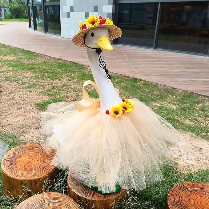 Large White Goose Statues Cygnus, Cute Big Bird Decor Garden Sculpture with Sunflower Outfits and Hat Duck Figurine Indoor Outdoor Porch Backyard Pool Lawn Ornaments 19’’ Birthday Holiday Decorations