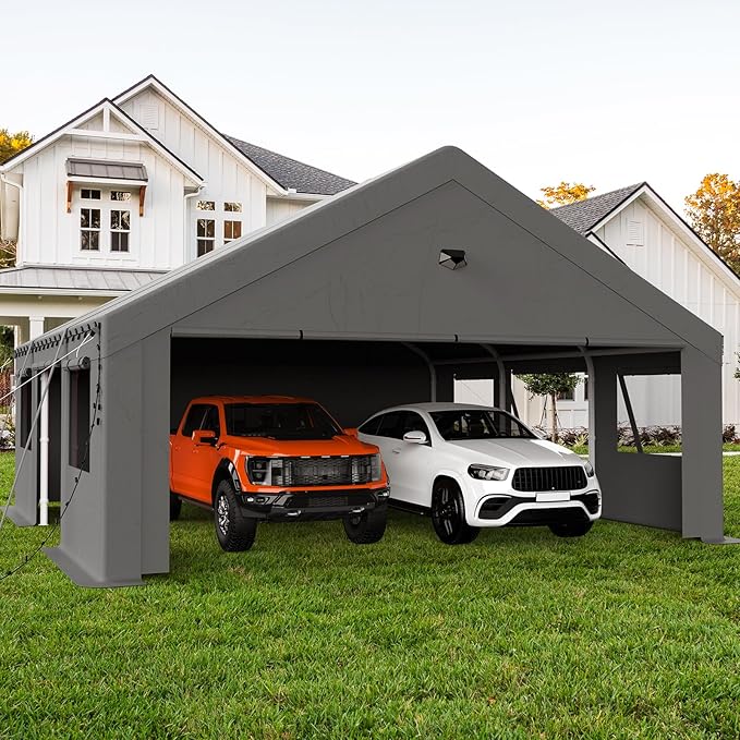 20x20 Carport, Heavy Duty Carport Canopy Garage with Removable Sidewalls and Drive Through Roll Up Zipper Doors & Side Doors, Grey