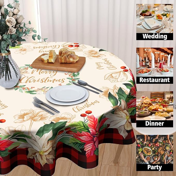 Giwawa Buffalo Check Plaid Christmas Round Tablecloth, Traditional Poinsettia Print Resistant Polyester Table Cloth with Xmas Floral and Berry for Party Decoration/Holiday 60 Inch