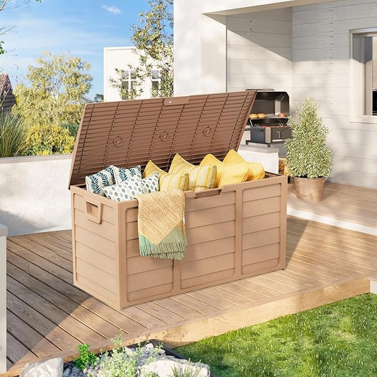 75 Gallon Outdoor Deck Box - Heavy Duty Resin Storage with Lockable Lid, UV Resistant for Patio Furniture Cushions, Pillows (Brown)