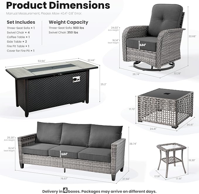 ovios 9 Pieces Patio Furniture Set, Outdoor Wicker Sofa Couch with Rocking Swivel Chairs Fire Pit Table, Modern Deep Seat Rattan Conversation Sets for Porch Deck, Black