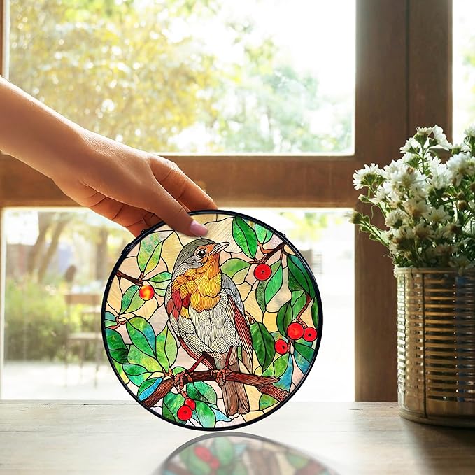 TNUW Bird Stained Glass Window Hanging, Bird Botanical Sun Catchers Indoor Window Glass Round Wall Art Decor, Birds Lover Gifts Wall Hanging Decorations, 7.9＂x7.9＂