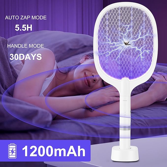 Electric Fly Swatter Racket, 4000V Bug Zapper Racket Rechargeable Fly Zapper Dual Modes Mosquito Swatter Portable with Purple Light & 3-Layer Safety Nets for Indoor & Outdoor, 2 Pack