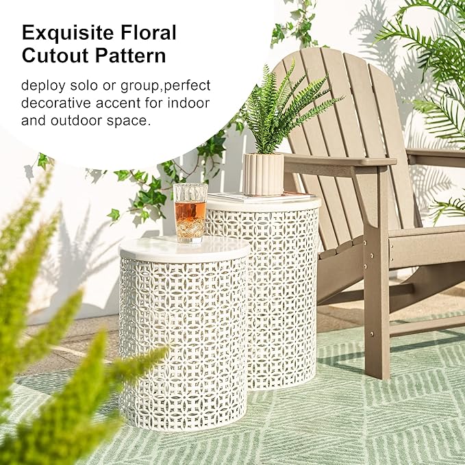 Glitzhome Outdoor Side Table Set of 2, Decorative Garden Stool for Indoor Outdoor Heavy Duty Metal Frame Accent Table Modern End Table, Cream White