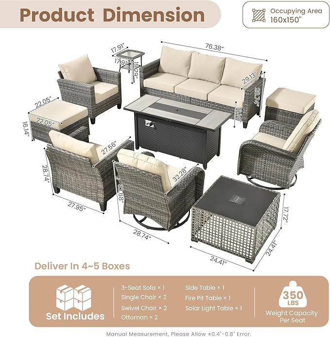 HOOOWOOO Outdoor Patio Furniture Set,10 Pieces Wicker Conversation Set,All Weather Couch Set with Fire Pit Solar Light Table Swivel Chairs Ottoman 9 Seaters for Out Door Yard(Beige)