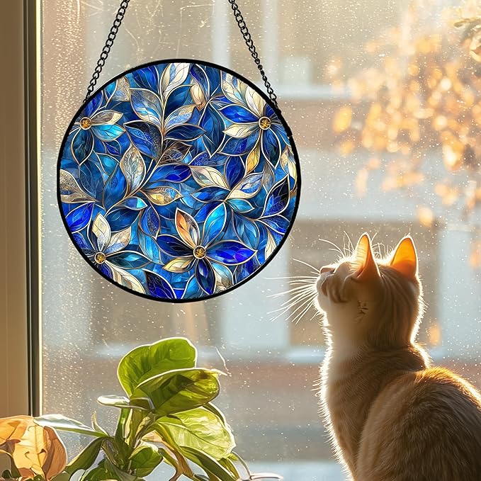 Stained Glass Window Hanging - Blue Gold Abstract Flowers Suncatcher for Door Terrace Garden Home Decor, Plant Sun Catcher Birthday Gifts for Lovers Women Men Dad Mom Nana 11.8 in