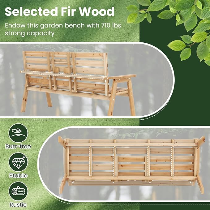 Tangkula Outdoor Fir Wood Bench with Foldable Middle Table, 2-3 Person Garden Bench with Backrest and Armrests, 710 lbs Weight Capacity, Slatted Seat Bench for Porch, Patio, Backyard