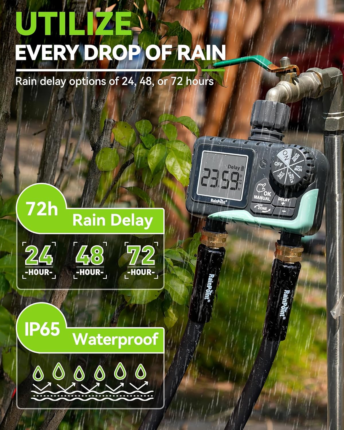 RAINPOINT Water Timer for Garden Hose - 2 Zone Sprinkler Timer with Rain Delay/Manual Watering/Automatic Irrigation for Yard Lawn