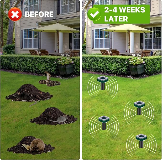 Snake Repellent for Yards 8 Pack Mole Repellent Solar Powered for Lawns Gopher Trap Groundhog Vole Repellent Ultrasonic Spike Outdoor Waterproof Sonic Chipmunk Rodent Burrowing Animals Deterrent Stake