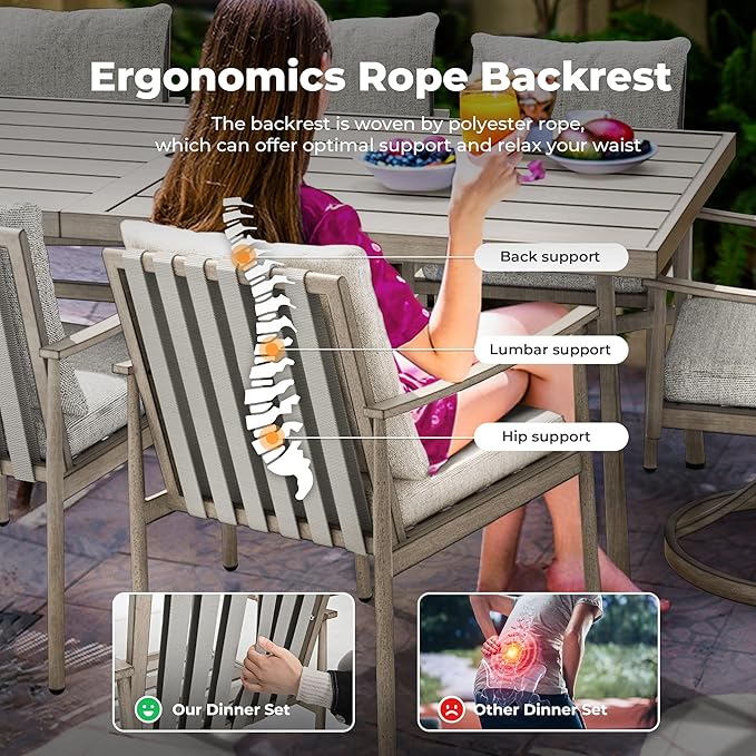 HAPPATIO 9-Piece Patio Table and Chairs Set for 8, Aluminum Outdoor Dining Set with Cushions, 6 Dining Chairs and 2 Swivel Chairs, 1 Large Rectangular Table with Umbrella Hole,Grey