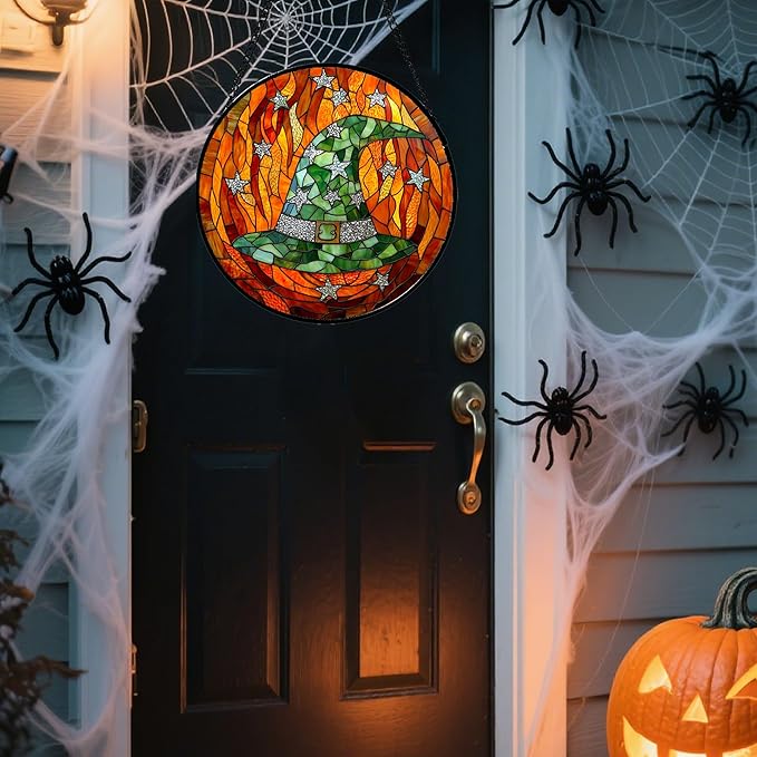 Stained Glass Window Hanging - Halloween Decorations Witch Hat Suncatcher for Doors Garden Indoor Spooky Funny Green Sun Catchers Gothic Decor Horror Gifts for Women Men Friend 11.8 in