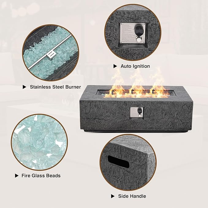 Outdoor Propane Fire Pit Table – Premium Slate-Like MgO Finish, 48-Inch Gas Fire Table for Patio, Garden & Backyard, Includes Rain Cover & Glass Beads