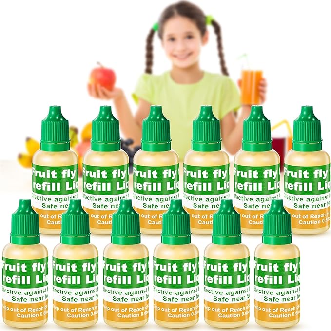 Qualirey 12 Pack Fruit Fly Trap Refill Liquid, 0.68oz Per Bottle Liquid Fruit Fly Traps for Indoors, Non Toxic Bait Safe Near Pets, Food and Kids, Lure Refill for Home Kitchen