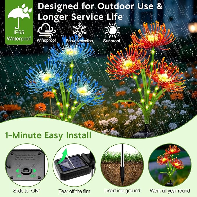 Solar Outdoor Lights 4 Colors Spider Lily – 4 Pack 12-Head Waterproof Garden Flower Lights with Glowing Stems,Decorative Solar Powered Yard,Patio & Lawn Decor,Gardening Gifts for Women Grandma