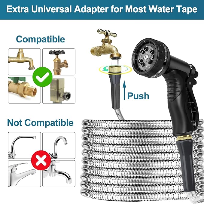 Stainless Steel Garden Hose 25ft Heavy Duty Metal Water Hoses with 10 Function Water Hose Nozzles for Yard Outdoor