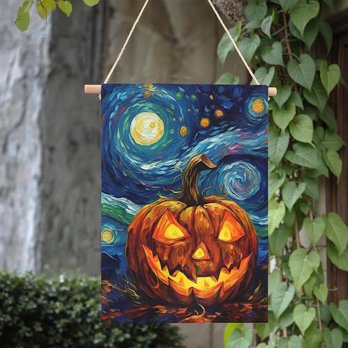 Halloween Garden Flag Pumpkin House Banner Van Gogh Garden Flags Arts Starry Night Sky Moon Yard Flags Double Sided Fall Porch Patio Farmhouse Outdoor Yard Window Decorative 28 x 40 Inch