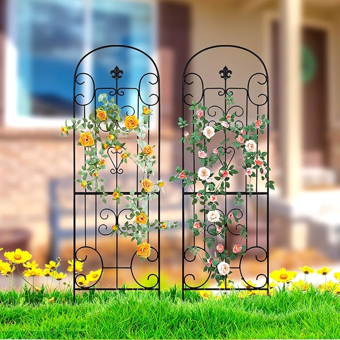70"X18" Metal Garden Trellis for Climbing Plants, Climbing Plant Support, Heavy-Duty Steel Garden Trellis for Indoor & Outdoor Vines Plant Rose Vegetable Support Black (2, Pattern-C)